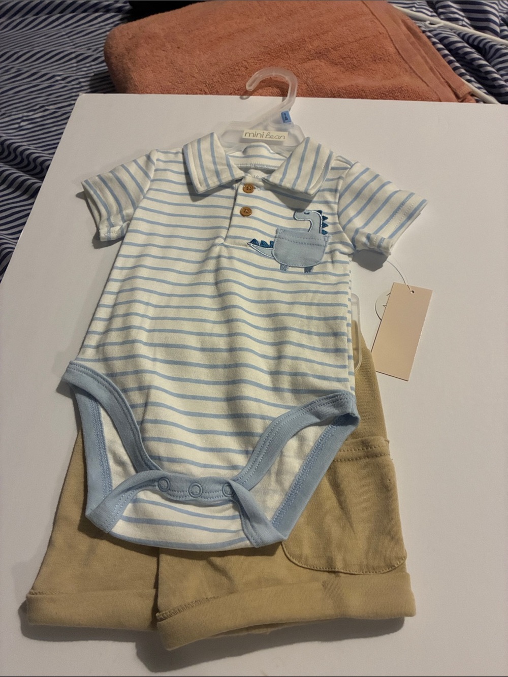 Mini Bean Blue Stripe Polo Bodysuit with Dino Pocket
